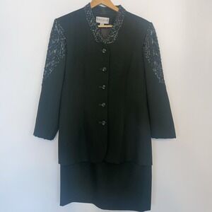 Vintage John Meyer Norwich Beaded Skirt Suit Forest Green Evening Glam Women 8 M